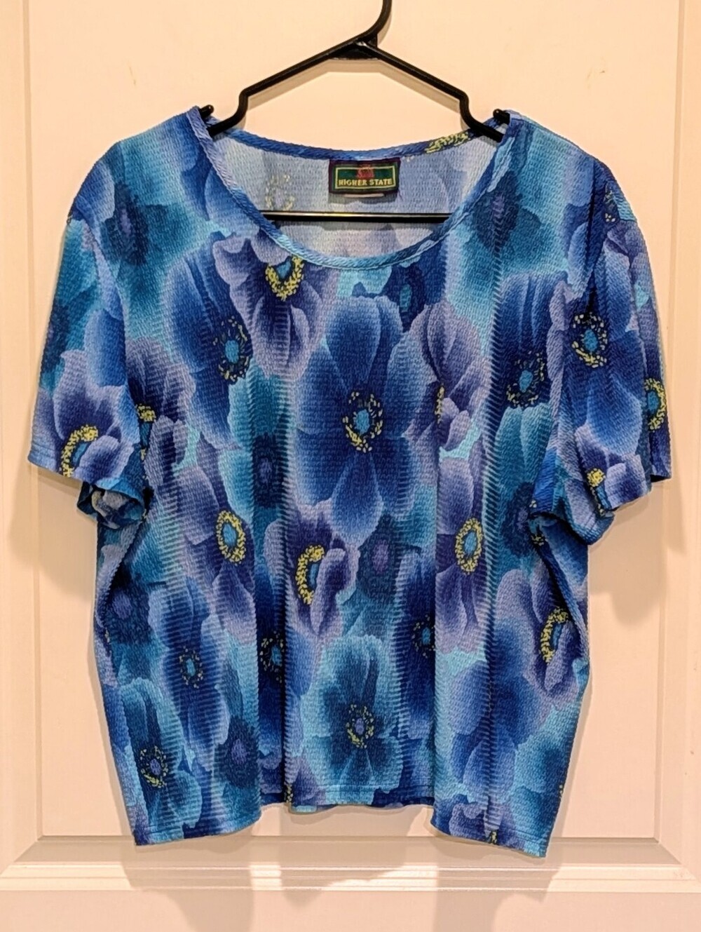EUC 90s Higher State XL Vintage Textured Fabric Blue Floral Top
